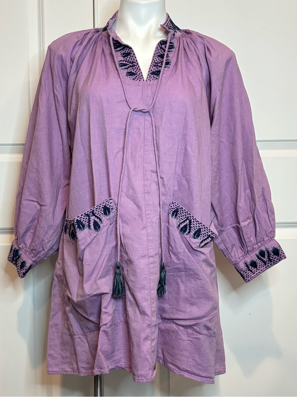 Wknd Wyfr Lavender Oxford Long Sleeve Tassel Embroidered Mini Dress S